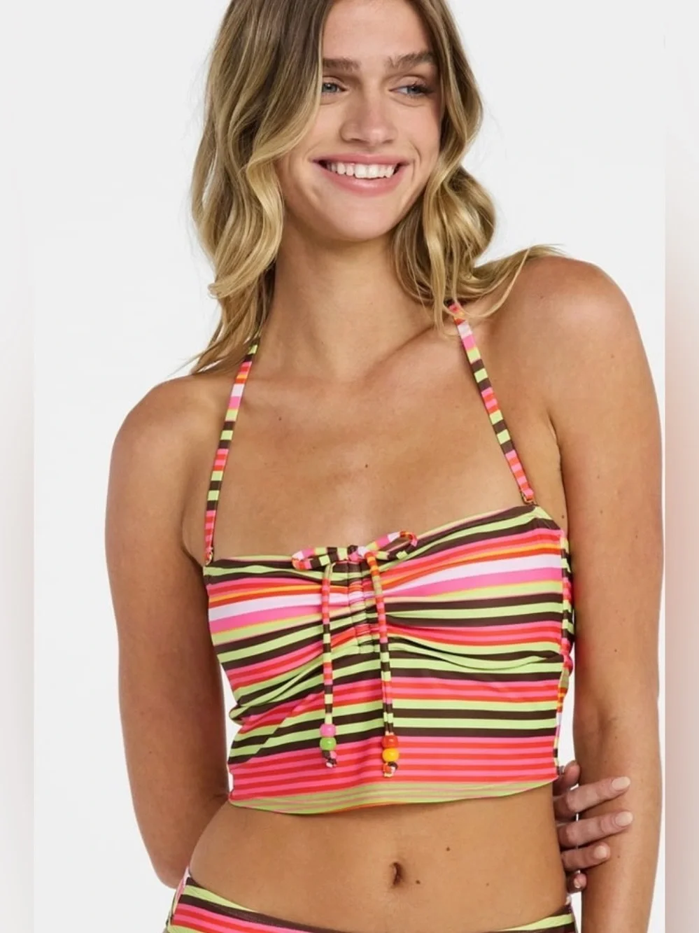 No Boundaries Striped Bandeau Tankini & Side Tie Bikini Set XS Colorful Bead NWT